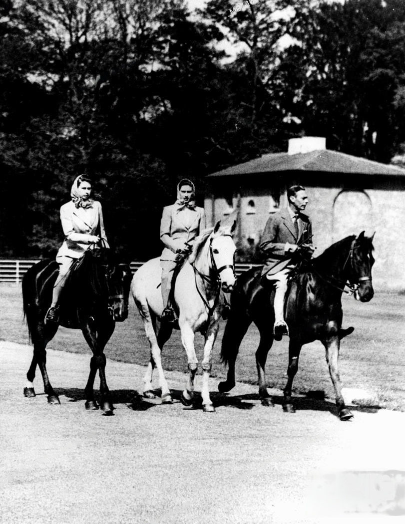 King George VI out riding with his daughters Princess Elizabeth and Princess Margaret in Windsor